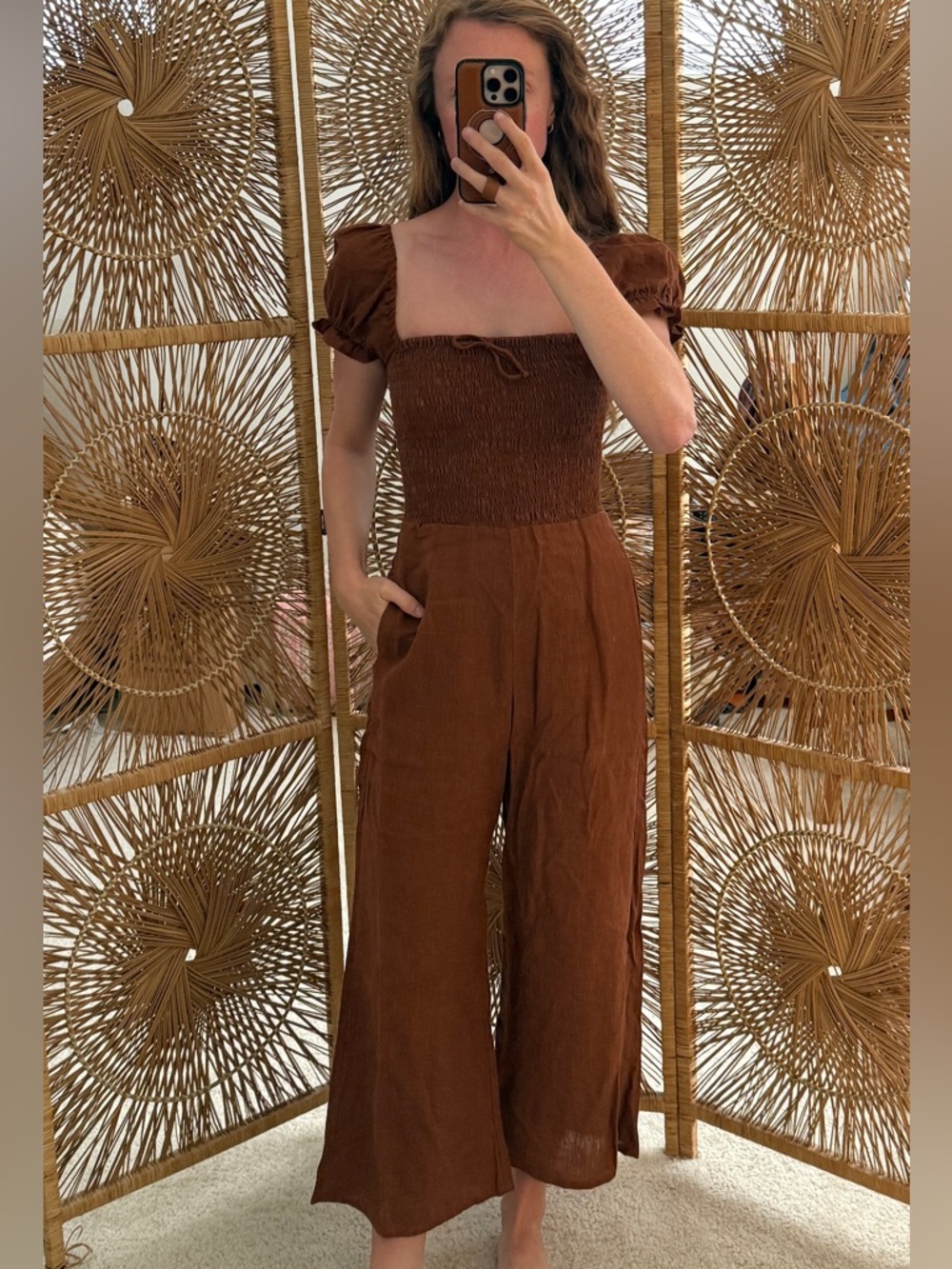 Faithful the Brand Winnie Smocked Square-Neck Linen Jumpsuit Chestnut Brown XS